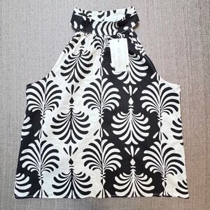 Rachel Zoe Womens Black White Linen Blend Halter Neck Palm Print Blouse L NEW